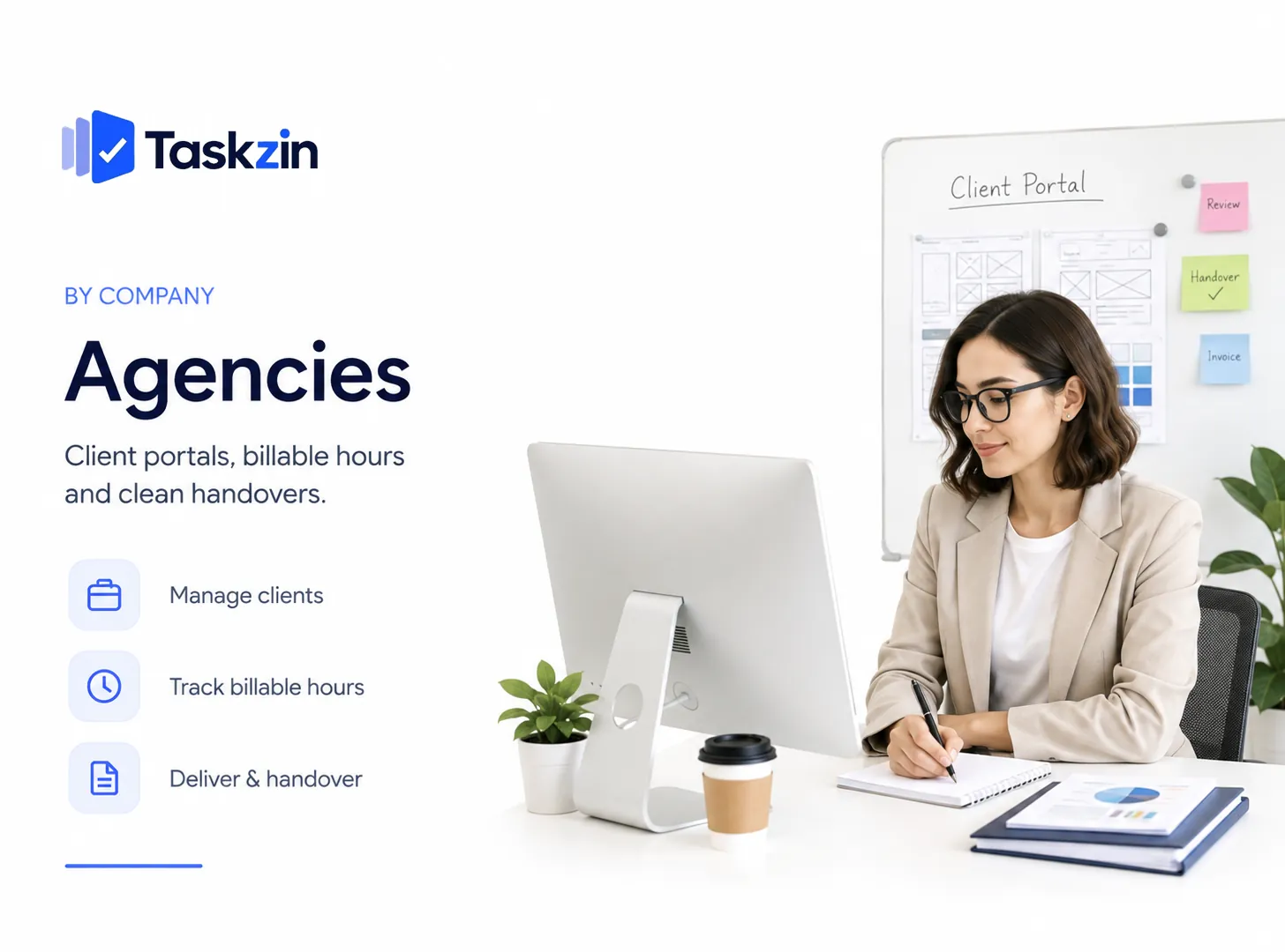 Taskzin for agencies — Client portals with free guest seats, billable rates that roll into an invoice, and handovers that do not need a meeting.