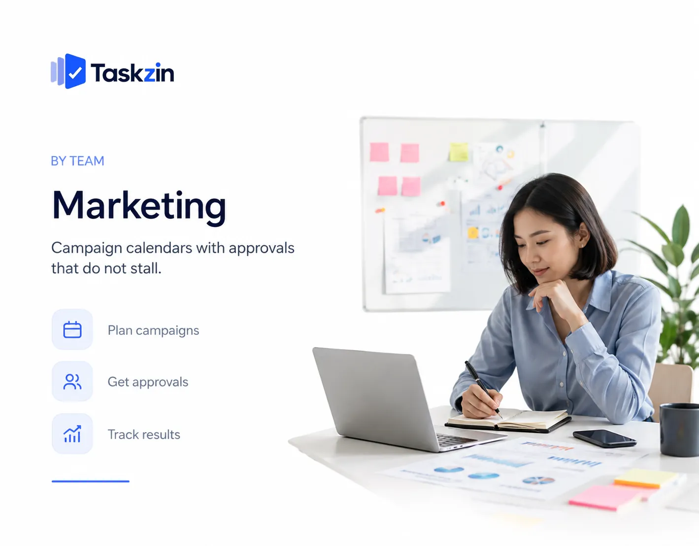 Taskzin for marketing — One calendar for every channel, with the brief, the assets and the sign-off attached to the work itself.